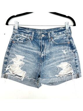 American‎ Eagle Mom Short Jean Shorts Distressed Cuffed Stone Wash Size 0